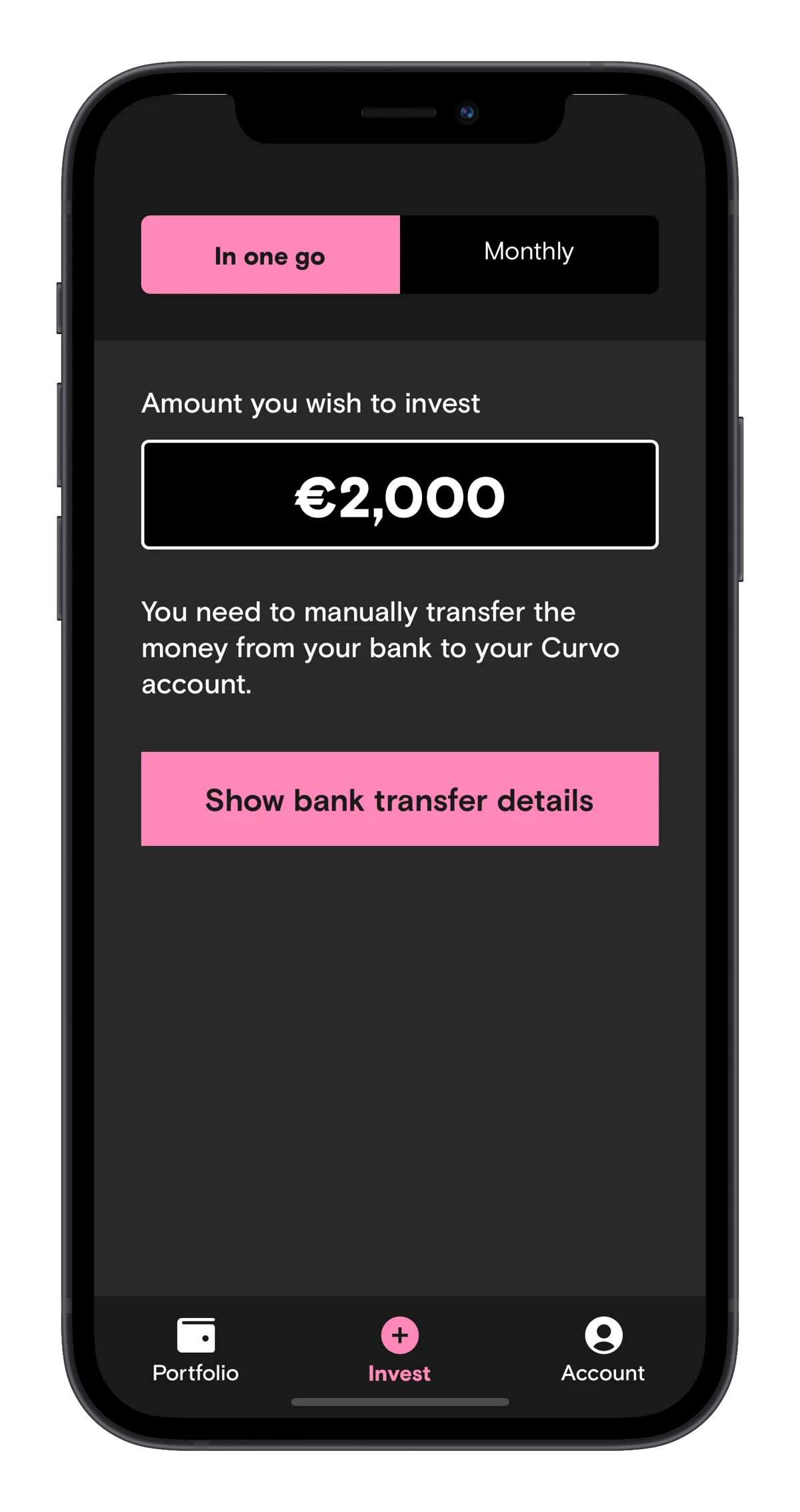 Capture d'écran de l'application Curvo lors d'un investissement en une seule fois.